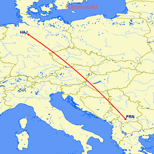 перелет Ганновер — Приштина на карте