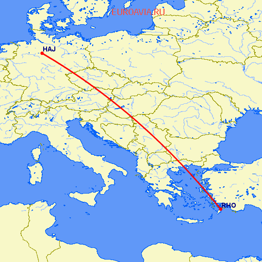 перелет Ганновер — Родос на карте