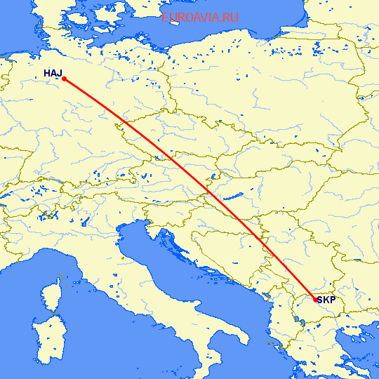 перелет Ганновер — Скопье на карте