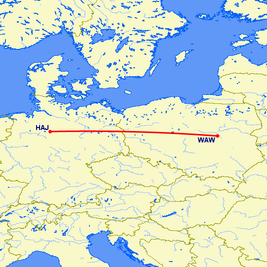 перелет Ганновер — Варшава на карте
