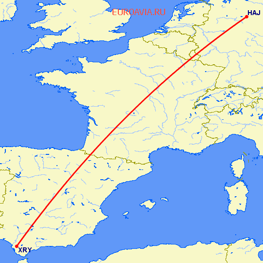 перелет Ганновер — Херес де ла Фронтера  на карте