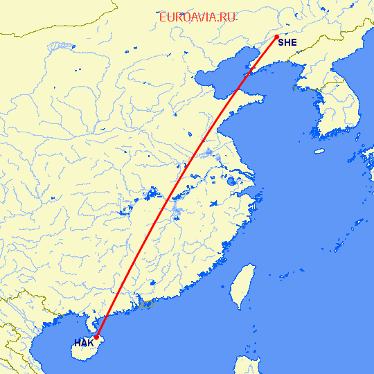 перелет Хайкоу — Шеньян на карте