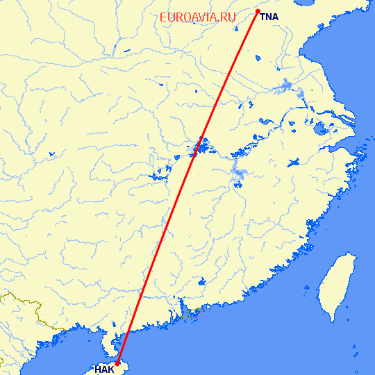 перелет Хайкоу — Цзинань на карте