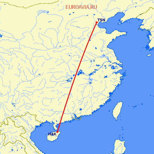 перелет Хайкоу — Тяньцзинь на карте