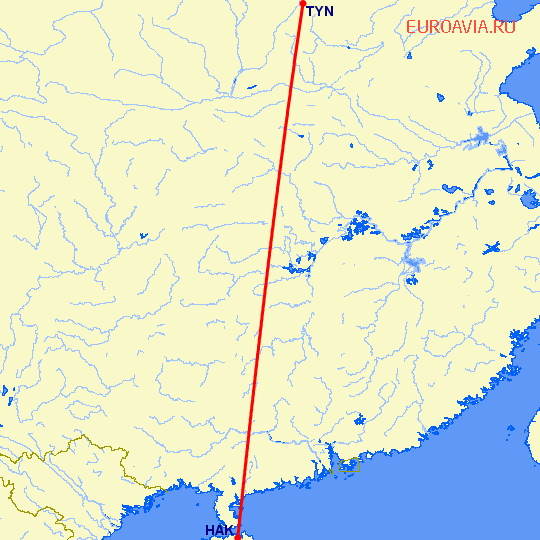 перелет Хайкоу — Тайюань на карте