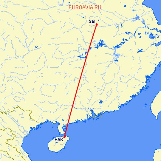 перелет Хайкоу — Синьян на карте