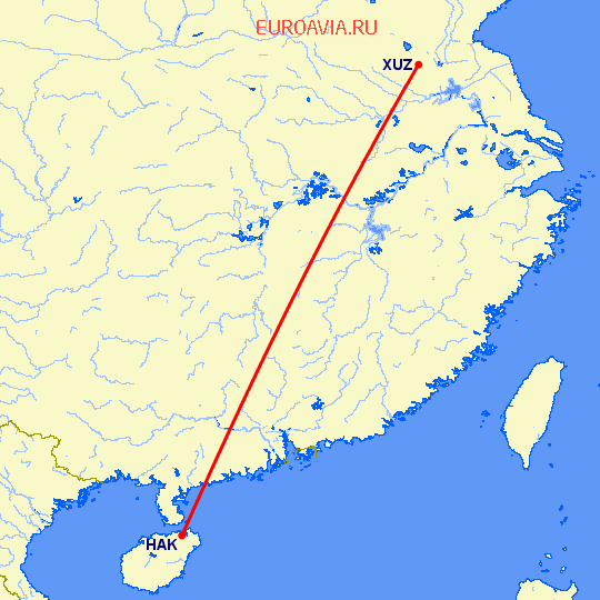 перелет Хайкоу — Хучжоу на карте