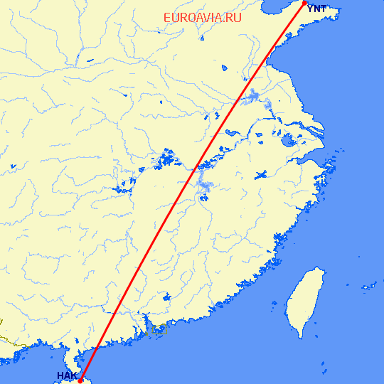 перелет Хайкоу — Янтай на карте