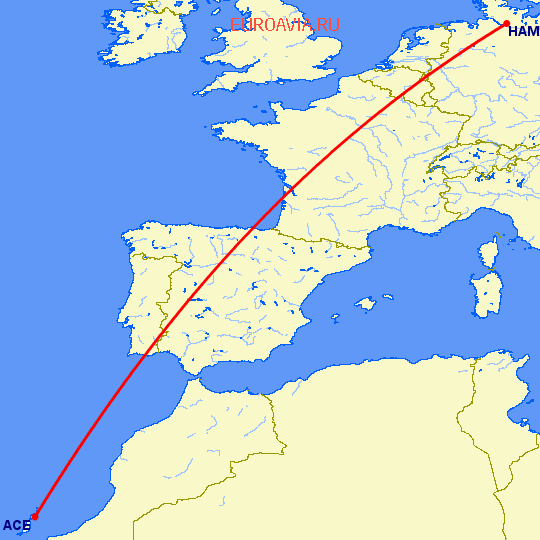 перелет Гамбург — Арресифе на карте