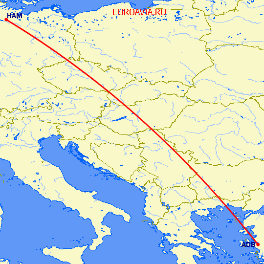 перелет Гамбург — Измир на карте