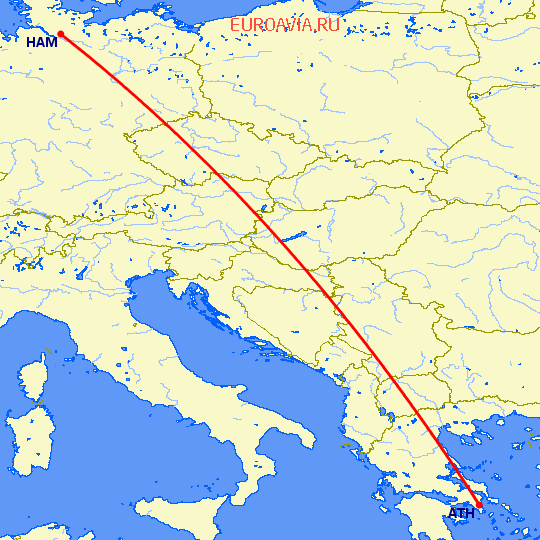 перелет Гамбург — Афины на карте