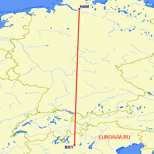 перелет Гамбург — Бергамо на карте