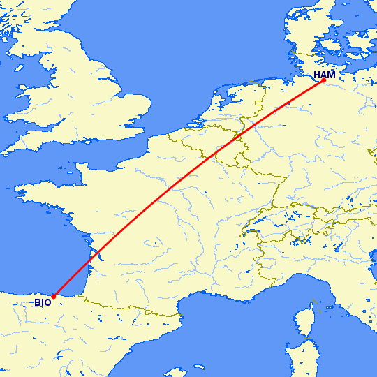 перелет Гамбург — Бильбао на карте