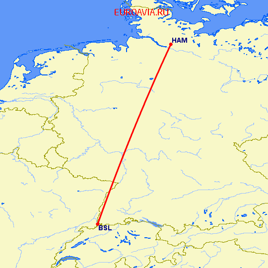 перелет Гамбург — Базель-Мюлуз на карте