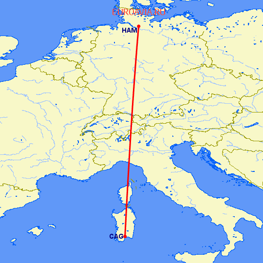 перелет Гамбург — Кальяри на карте