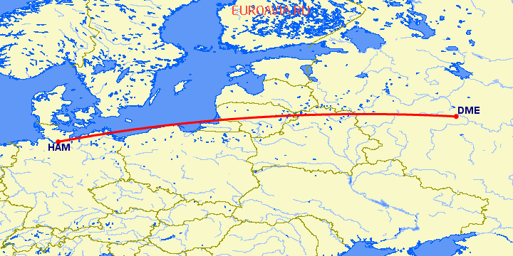 перелет Гамбург — Москва на карте