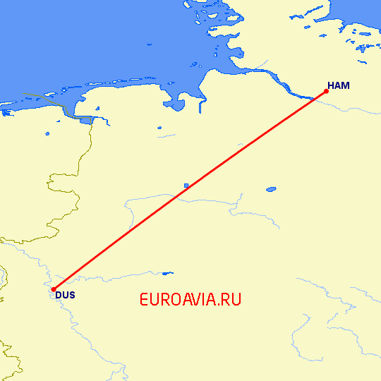 перелет Гамбург — Дюссельдорф на карте