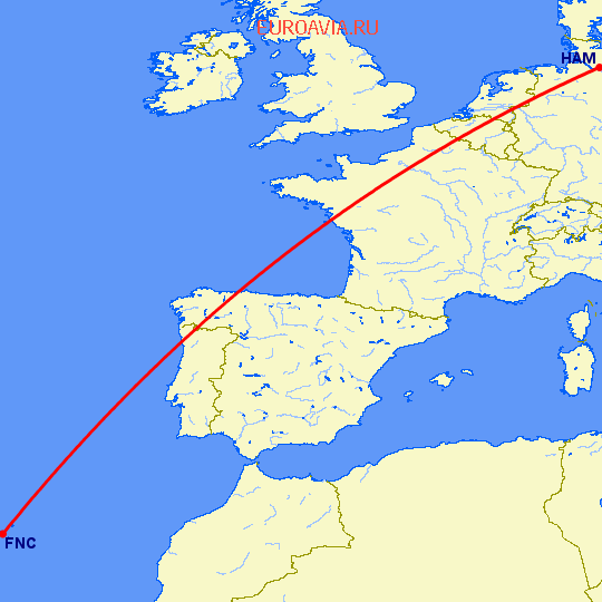 перелет Гамбург — Фуншал  на карте