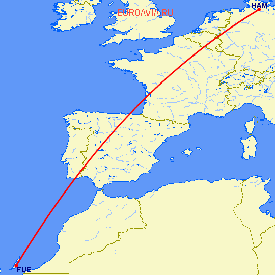 перелет Гамбург — Пуэрто дель Росарио на карте