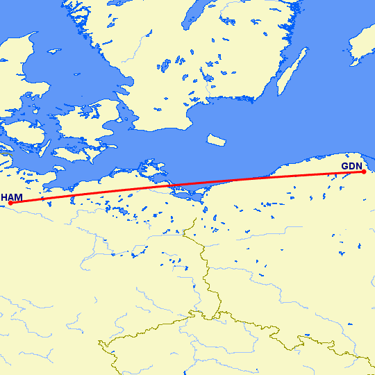 перелет Гамбург — Гданьск на карте