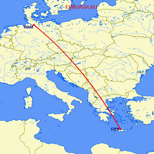 перелет Гамбург — Ираклион на карте