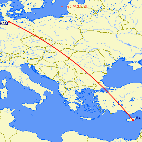 перелет Гамбург — Ларнака на карте