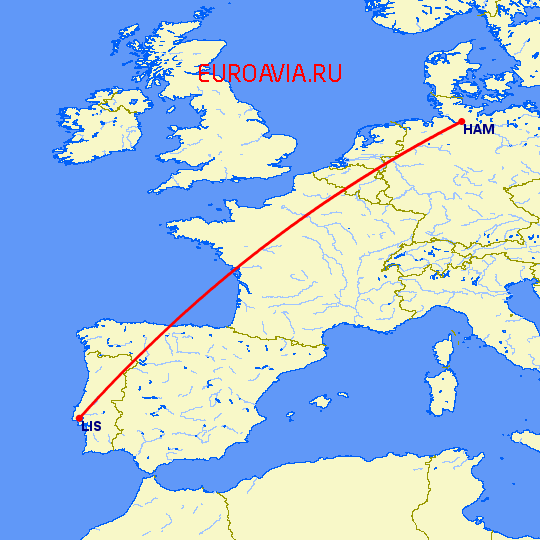 перелет Гамбург — Лиссабон на карте