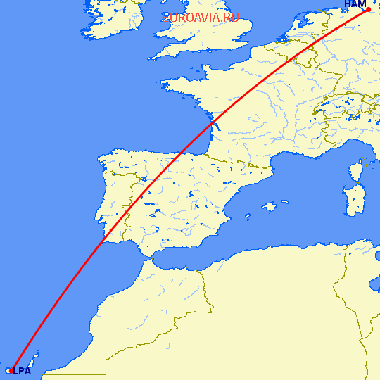 перелет Гамбург — Лас Пальмас на карте