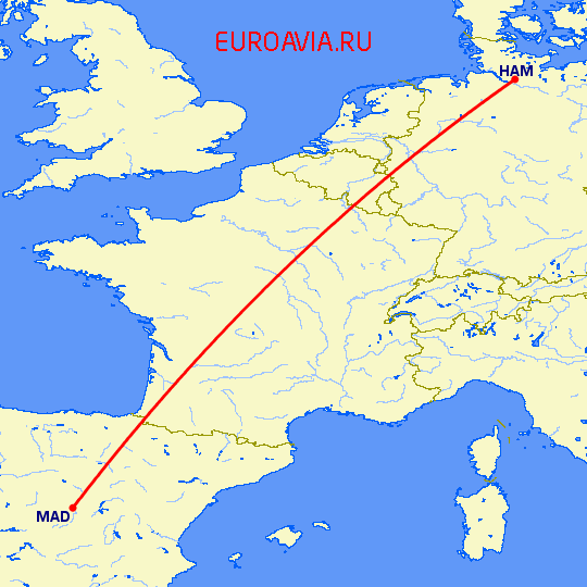 перелет Гамбург — Мадрид на карте
