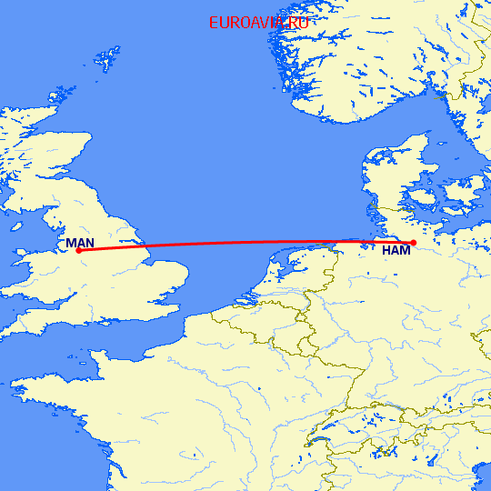 перелет Гамбург — Манчестер на карте