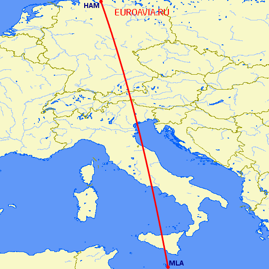 перелет Гамбург — Мальта на карте