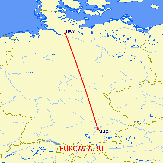 перелет Гамбург — Мюнхен на карте