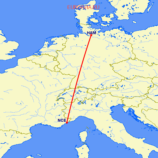 перелет Гамбург — Ницца на карте