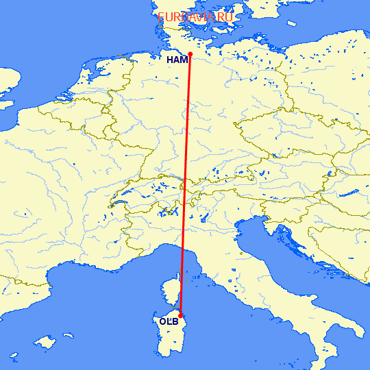 перелет Гамбург — Costa Smeralda на карте
