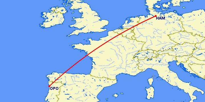 перелет Гамбург — Порту на карте