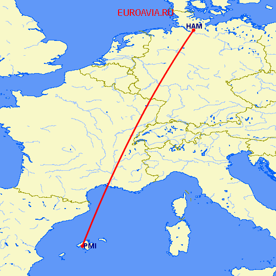 перелет Гамбург — Пальма де Майорка на карте