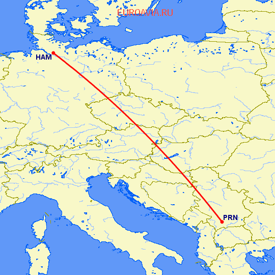 перелет Гамбург — Приштина на карте