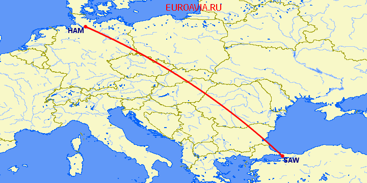 перелет Гамбург — Стамбул на карте