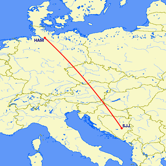 перелет Гамбург — Сараево на карте