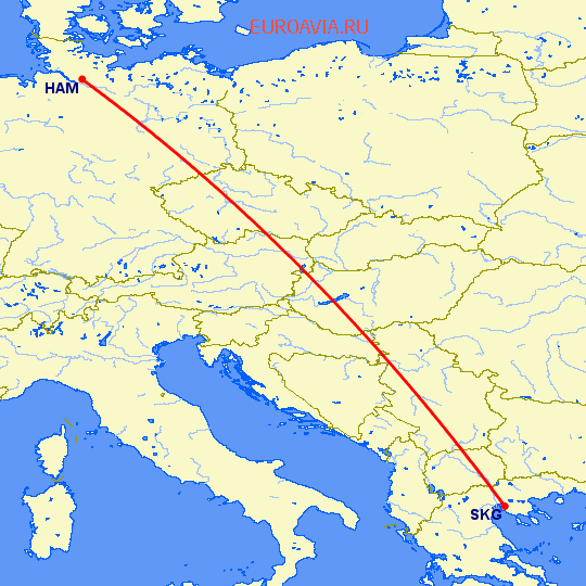 перелет Гамбург — Салоники на карте