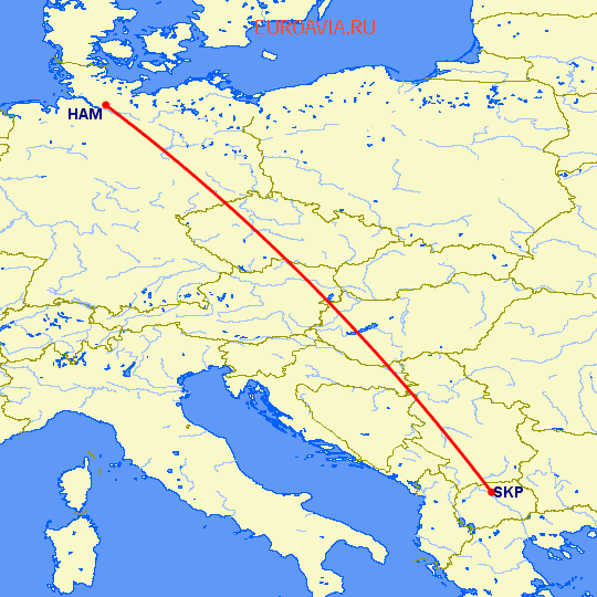 перелет Гамбург — Скопье на карте