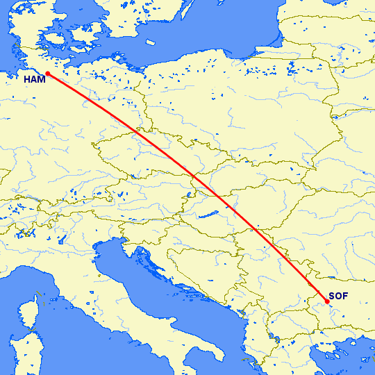 перелет Гамбург — София на карте