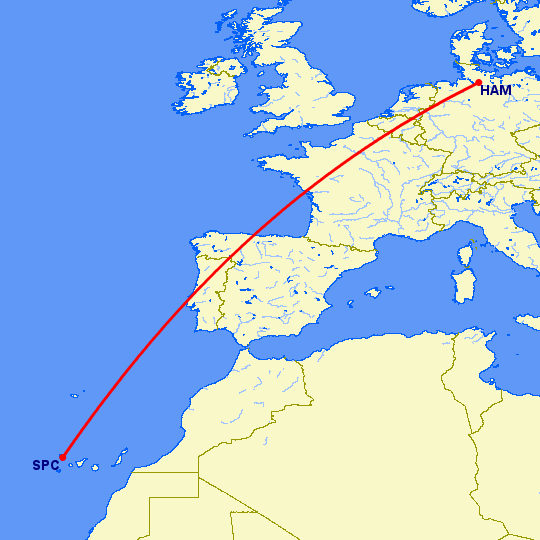 перелет Гамбург — Санта Крус де Ла Пальма на карте