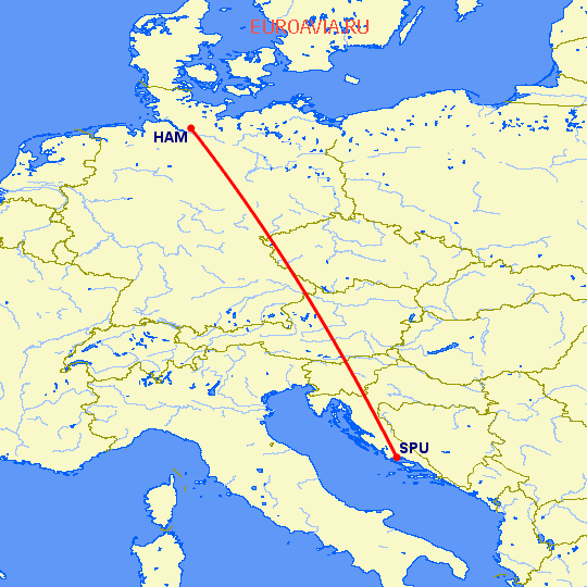 перелет Гамбург — Сплит на карте