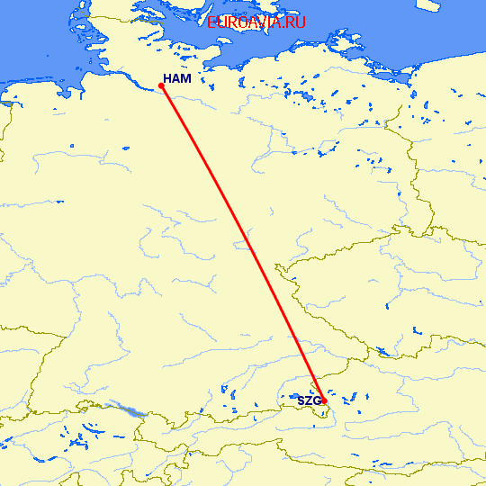 перелет Гамбург — Зальцбург на карте
