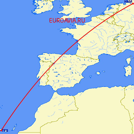 перелет Гамбург — Тенерифе на карте