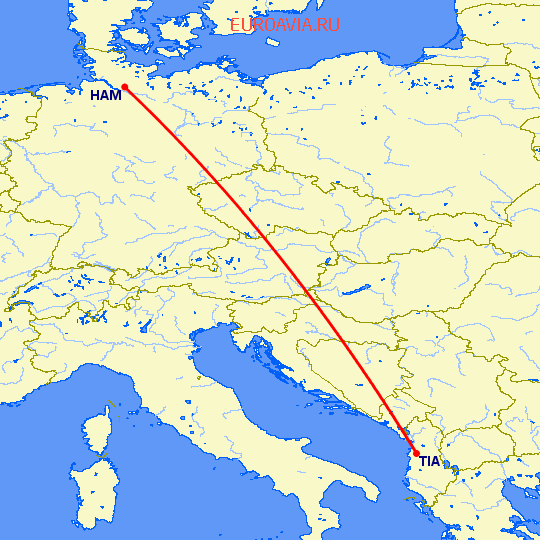 перелет Гамбург — Тирана на карте