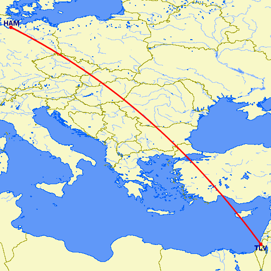 перелет Гамбург — Тель Авив на карте