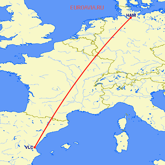 перелет Гамбург — Валенсия на карте