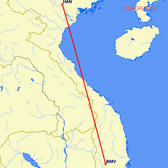 перелет Ханой — Banmethuot на карте